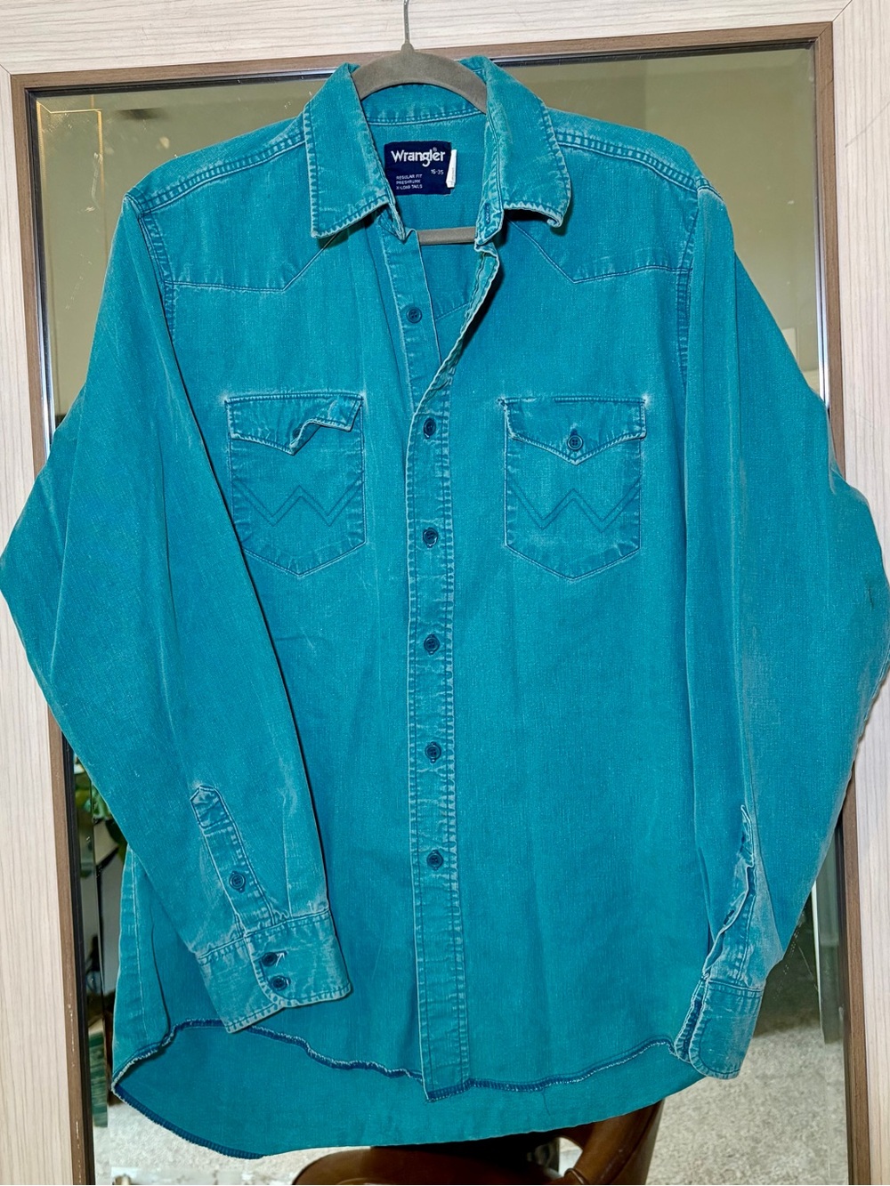 Wrangler Western Shirts Teal Cowboy Chambray Denim Work Mens XL 16-35 USA